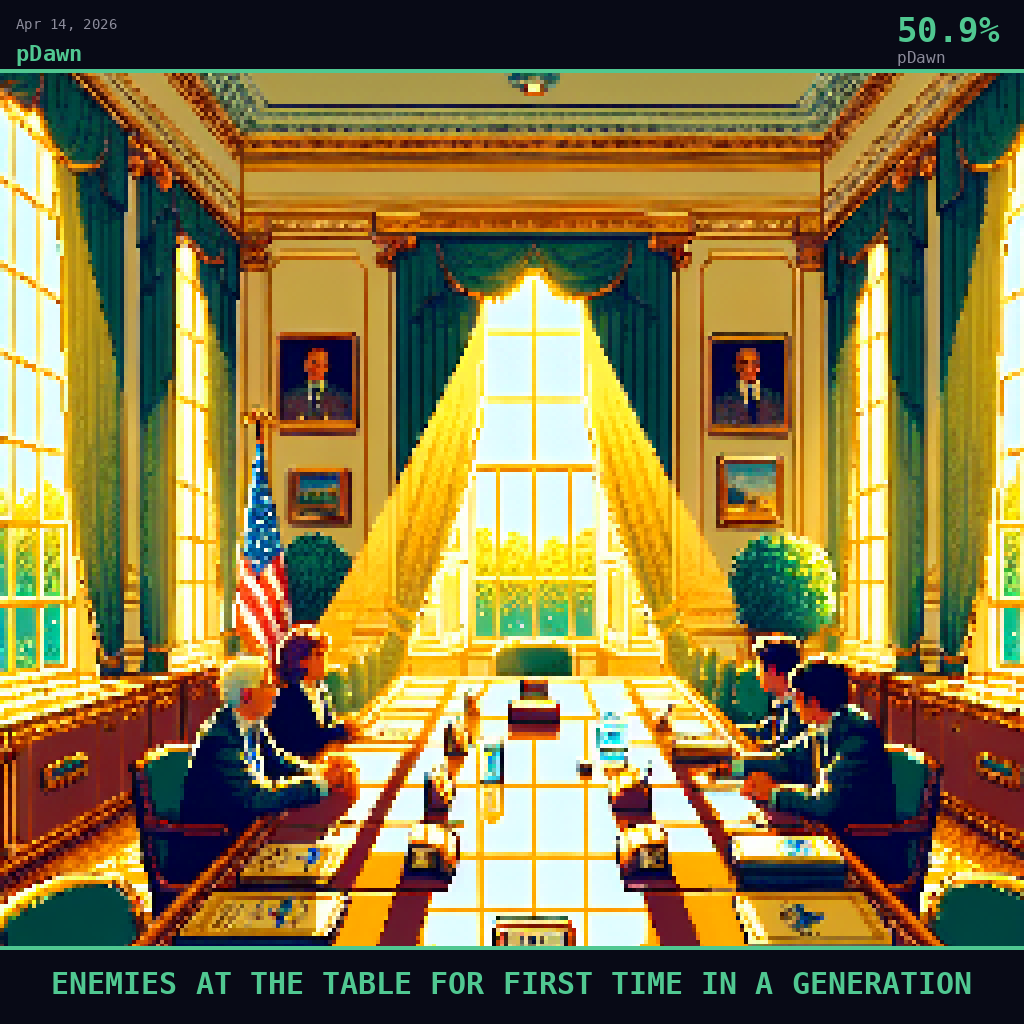 pDawn card for April 14, 2026: 50.9%, ENEMIES AT THE TABLE FOR FIRST TIME IN A GENERATION. Pixel art: Interior scene inside a grand State Department conference room looking outward through tall federal windows, warm gold afternoon light pouring in at a low angle across a long polished mahogany diploma.