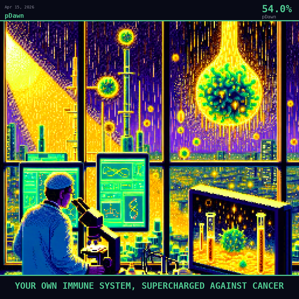 pDawn card for April 15, 2026: 54.0%, YOUR OWN IMMUNE SYSTEM, SUPERCHARGED AGAINST CANCER. Pixel art: Weather-dominated scene: a torrential golden rain falls through a darkened biomedical laboratory at Hebrew University, each raindrop catching amber and emerald light, the downpour visible through tall.