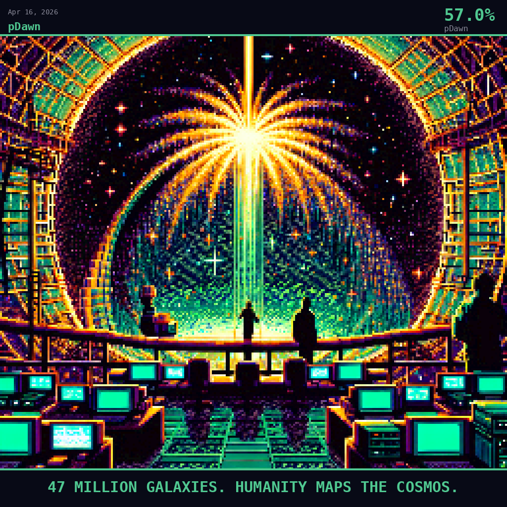 pDawn card for April 16, 2026: 57.0%, 47 MILLION GALAXIES. HUMANITY MAPS THE COSMOS.. Pixel art: Silhouette composition, strong backlight from an enormous glowing wedge-shaped universe map dominating the entire interior of the Mayall Telescope dome at Kitt Peak, the fan-shaped DESI survey map bla.