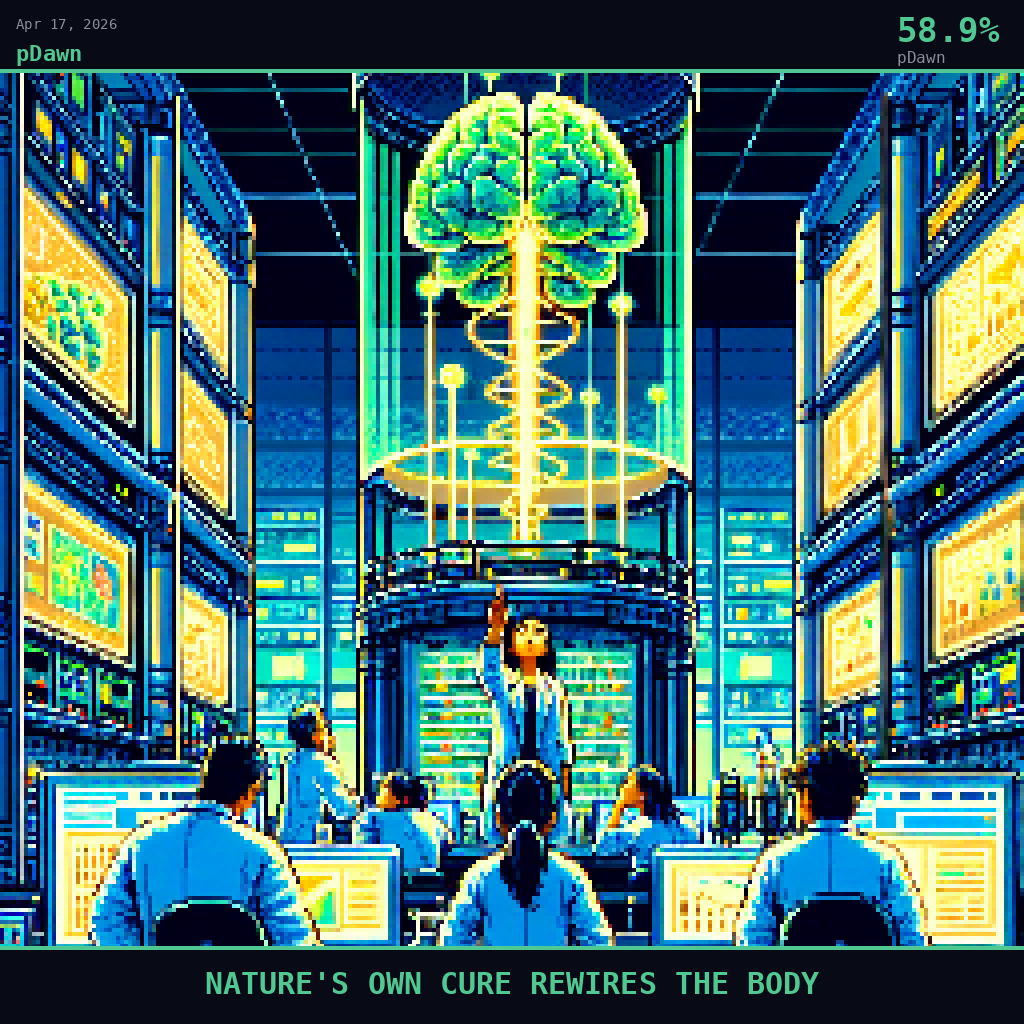 pDawn card for April 17, 2026: 58.9%, NATURE'S OWN CURE REWIRES THE BODY. Pixel art: Ground-level view looking straight up from the laboratory floor, dramatic low-angle perspective tilting skyward through the interior of a warm university biochemistry lab at late evening, the ceiling .