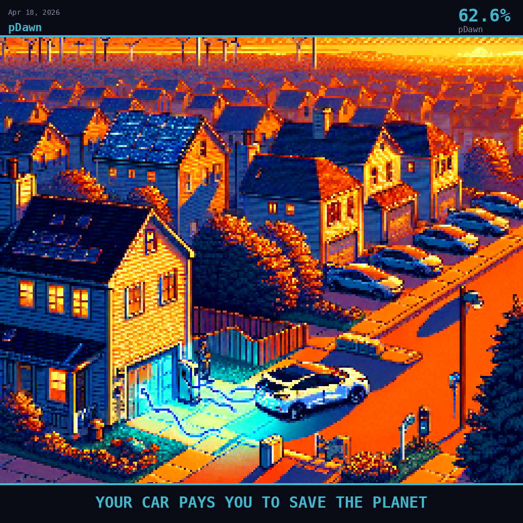 pDawn card for April 18, 2026: 62.6%, YOUR CAR PAYS YOU TO SAVE THE PLANET. Pixel art: Wide aerial view at 45-degree angle looking down over a quiet Delaware suburban neighborhood at golden hour, vast amber-lit streetscape dominating the frame, long shadows stretching across driveways a.