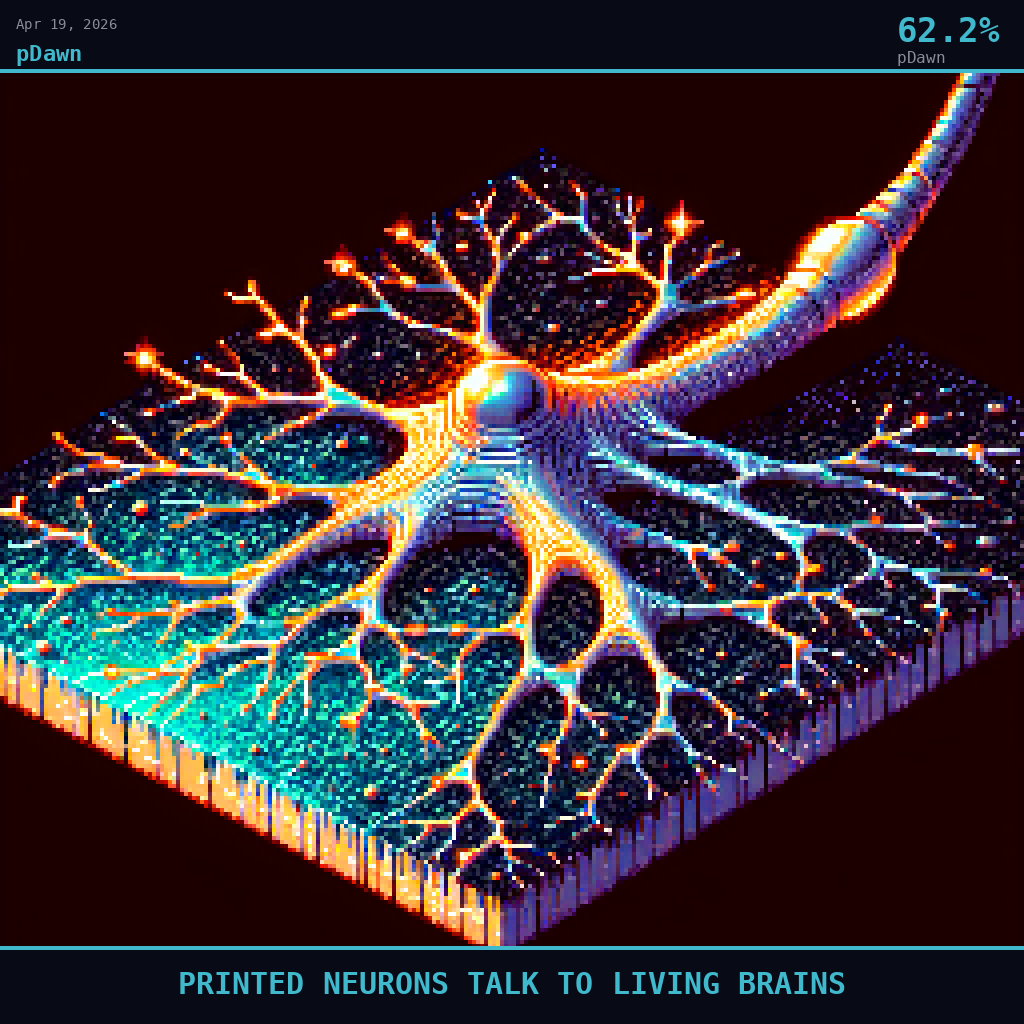 pDawn card for April 19, 2026: 62.2%, PRINTED NEURONS TALK TO LIVING BRAINS. Pixel art: Extreme close-up filling the entire frame with a single translucent polymer film artificial neuron, gossamer-thin and nearly transparent, its surface printed with glimmering silver-gray graphene and m.