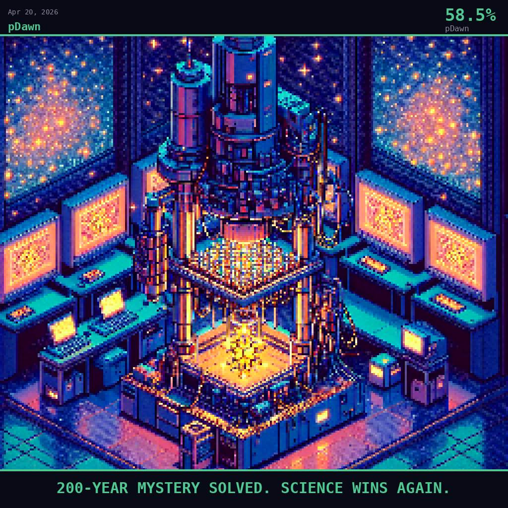 pDawn card for April 20, 2026: 58.5%, 200-YEAR MYSTERY SOLVED. SCIENCE WINS AGAIN.. Pixel art: Night scene, all light from artificial sources, deep shadows dominating the frame.