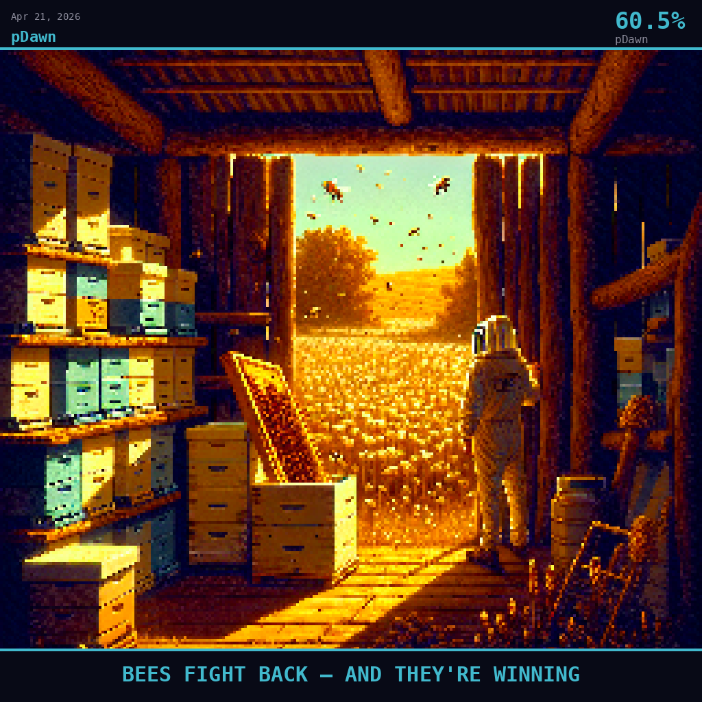 pDawn card for April 21, 2026: 60.5%, BEES FIGHT BACK — AND THEY'RE WINNING. Pixel art: Interior scene looking outward through the wide open doorway of a weathered wooden beehive shed at UC Riverside apiary, the doorframe and rough timber walls dominating the foreground in deep amber sha.