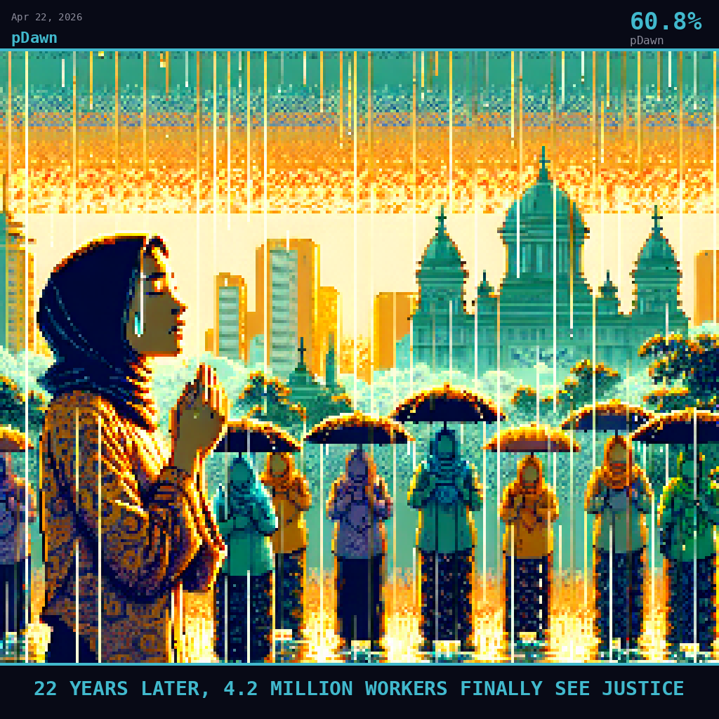 pDawn card for April 22, 2026: 60.8%, 22 YEARS LATER, 4.2 MILLION WORKERS FINALLY SEE JUSTICE. Pixel art: Weather-dominated scene, warm tropical rain falling in golden amber curtains through equatorial morning light, Jakarta visible as a soft haze of domes and pillars dissolving into mist in the backgroun.