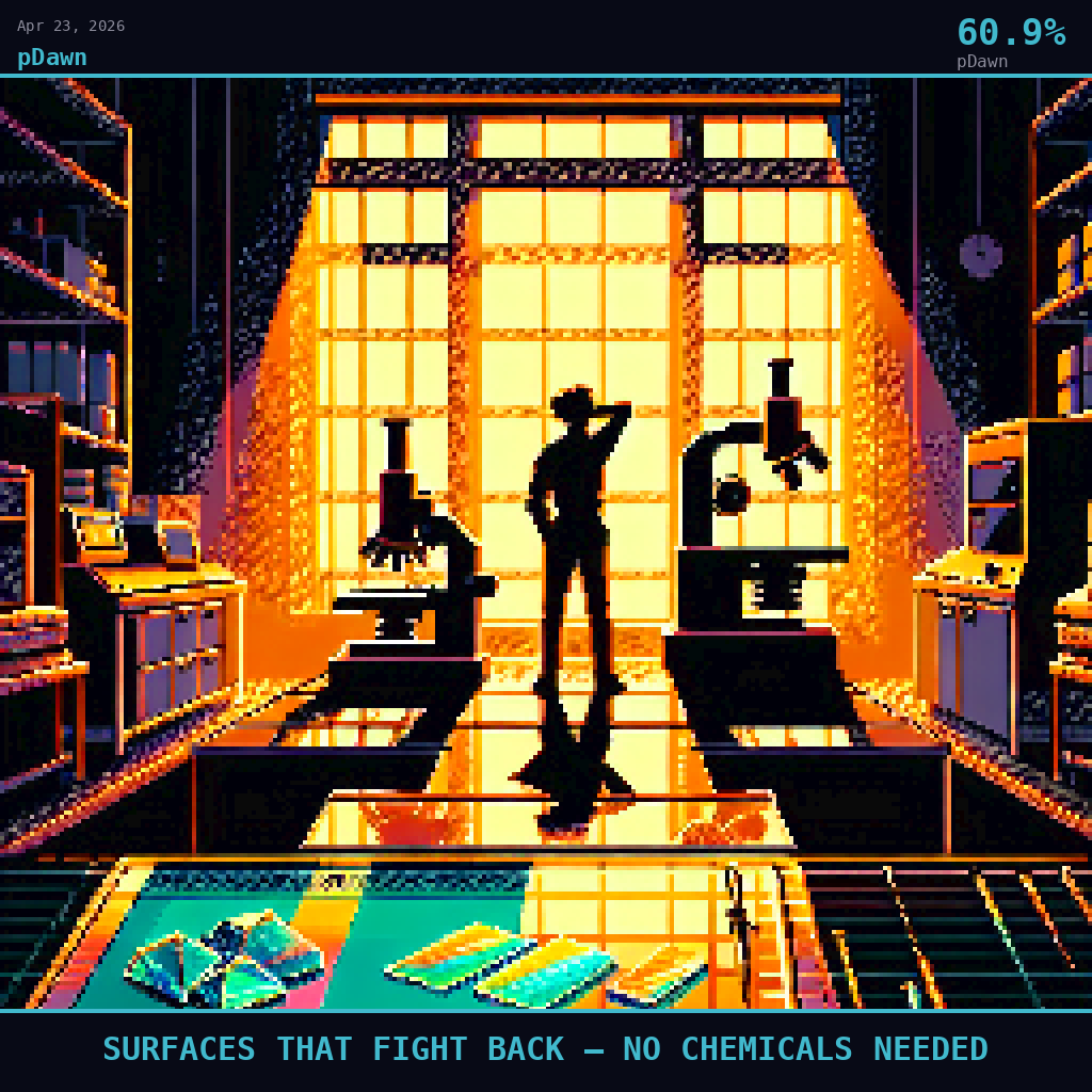 pDawn card for April 23, 2026: 60.9%, SURFACES THAT FIGHT BACK — NO CHEMICALS NEEDED. Pixel art: Silhouette composition, strong backlight from a tall laboratory window pouring deep golden amber afternoon sunlight into a materials science lab at RMIT University, long dramatic shadows stretching ac.