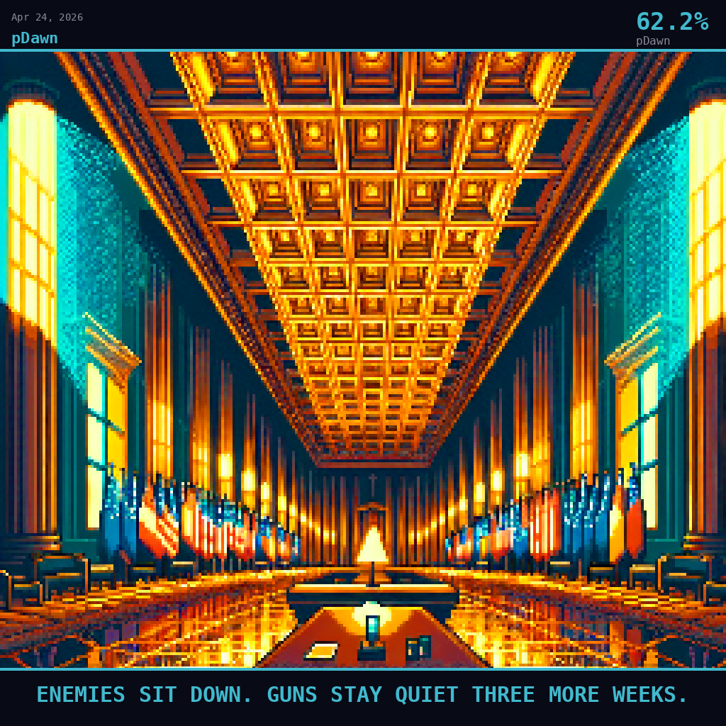 pDawn card for April 24, 2026: 62.2%, ENEMIES SIT DOWN. GUNS STAY QUIET THREE MORE WEEKS.. Pixel art: Ground-level view looking straight up from the polished mahogany floor of a grand White House diplomatic chamber, the towering coffered ceiling stretching high overhead, tall arched windows on either .