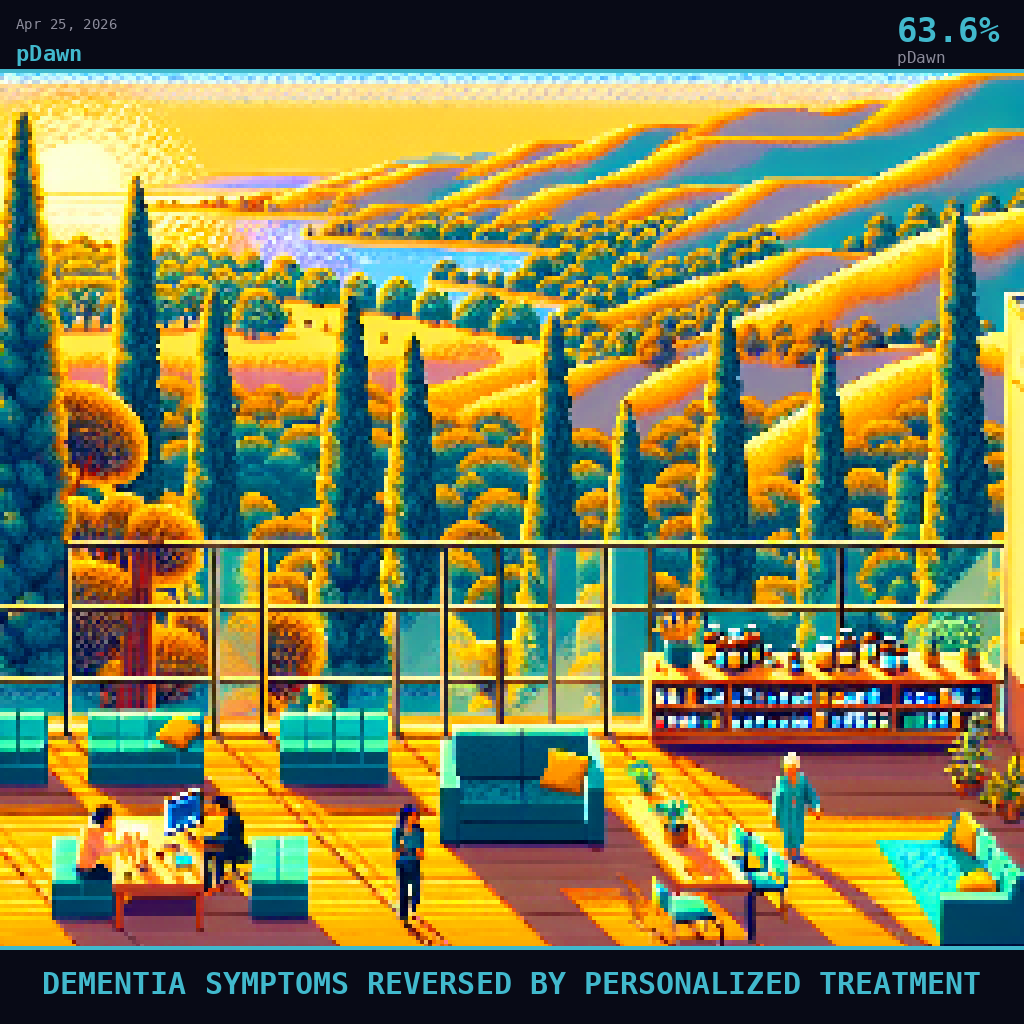 pDawn card for April 25, 2026: 63.6%, DEMENTIA SYMPTOMS REVERSED BY PERSONALIZED TREATMENT. Pixel art: Wide aerial view looking down at a 45-degree angle, vast Northern California landscape stretching across the frame.