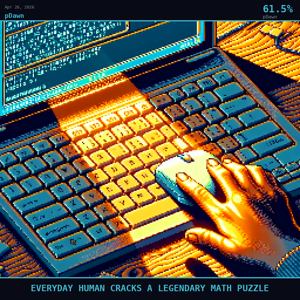 pDawn card for April 26, 2026: 61.5%, EVERYDAY HUMAN CRACKS A LEGENDARY MATH PUZZLE. Pixel art: Extreme close-up filling the entire frame with a laptop keyboard and trackpad, late afternoon golden amber sunlight raking across the keys from a window just off-frame left, casting long warm shadows .