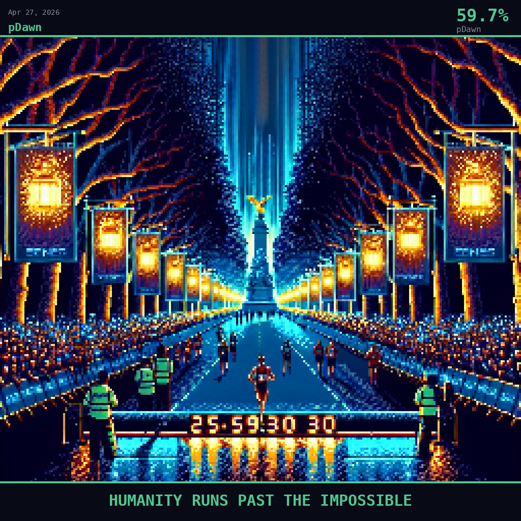 pDawn card for April 27, 2026: 59.7%, HUMANITY RUNS PAST THE IMPOSSIBLE. Pixel art: Night scene, all light from artificial sources, deep shadows dominating.