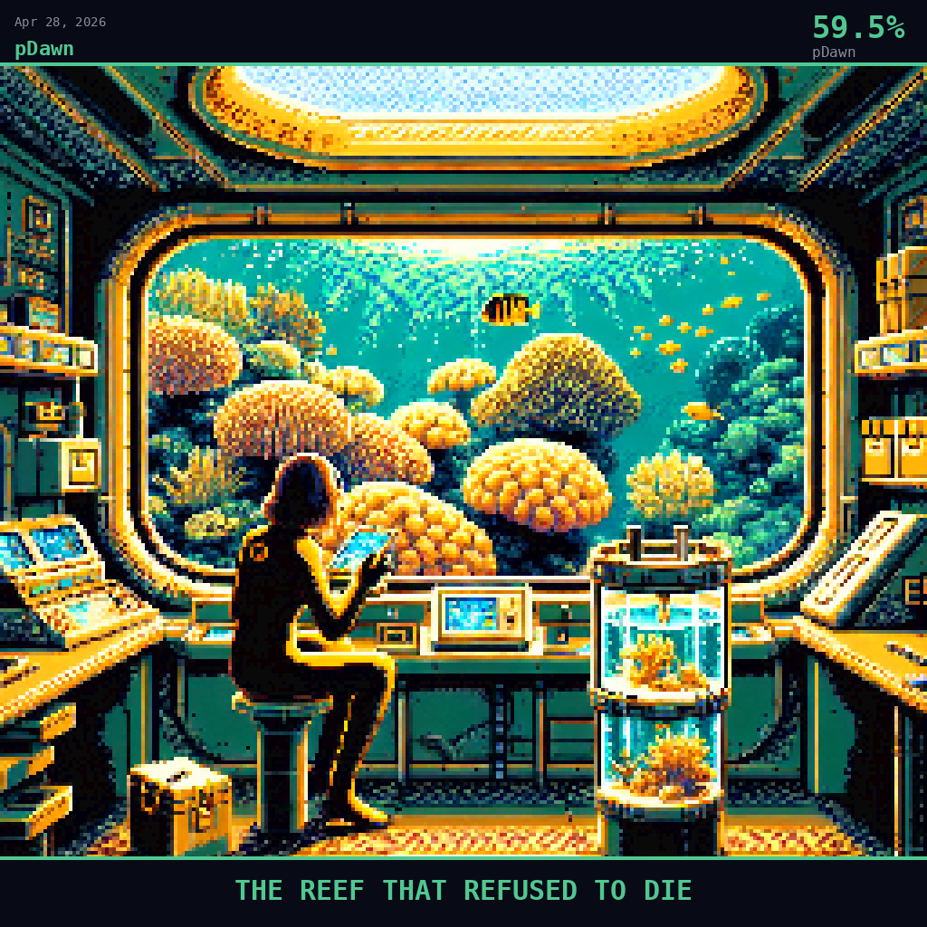 pDawn card for April 28, 2026: 59.5%, THE REEF THAT REFUSED TO DIE. Pixel art: Interior scene inside a marine research vessel cabin or underwater observation chamber, warm amber and gold light from above illuminating the space, a large rectangular porthole window dominating the .
