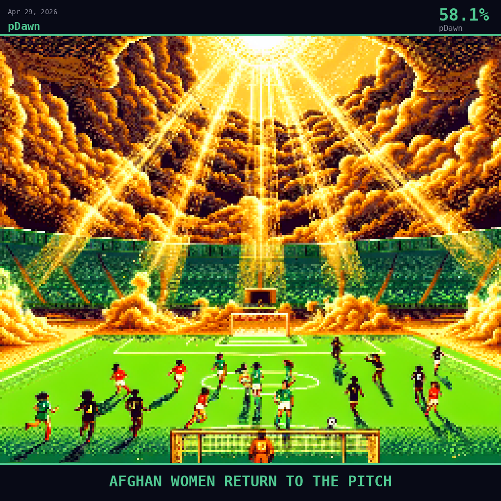 pDawn card for April 29, 2026: 58.1%, AFGHAN WOMEN RETURN TO THE PITCH. Pixel art: Weather-dominated scene: a football pitch in Morocco shrouded in a warm golden haze, thick amber dust and heat shimmer rolling across the field from the direction of the Atlas Mountains, the air satur.