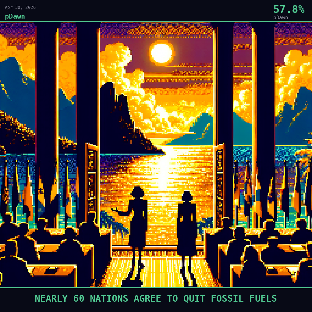 pDawn card for April 30, 2026: 57.8%, NEARLY 60 NATIONS AGREE TO QUIT FOSSIL FUELS. Pixel art: Silhouette composition, strong backlight.