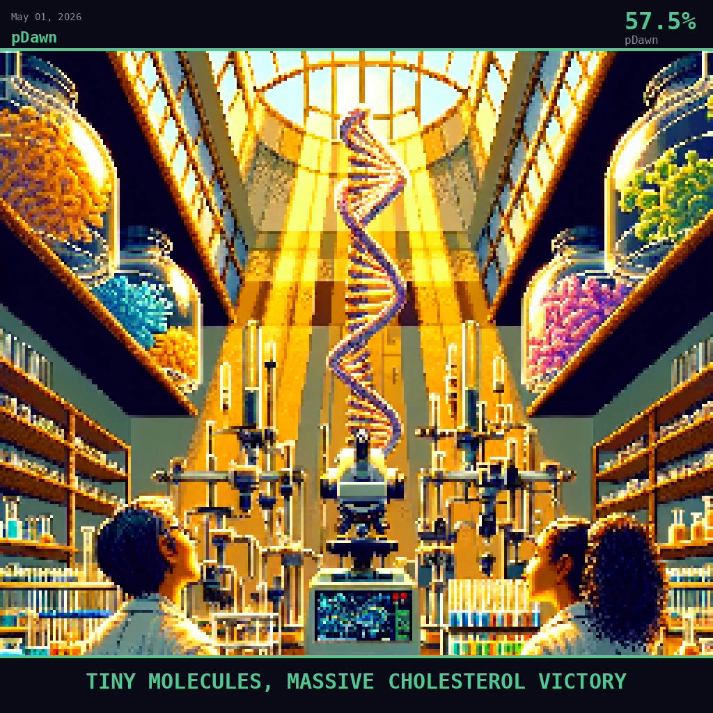 pDawn card for May 1, 2026: 57.5%, TINY MOLECULES, MASSIVE CHOLESTEROL VICTORY. Pixel art: Ground-level view looking straight up from inside a gleaming university biochemistry laboratory, the camera positioned at bench-top height gazing skyward through towering glass equipment.