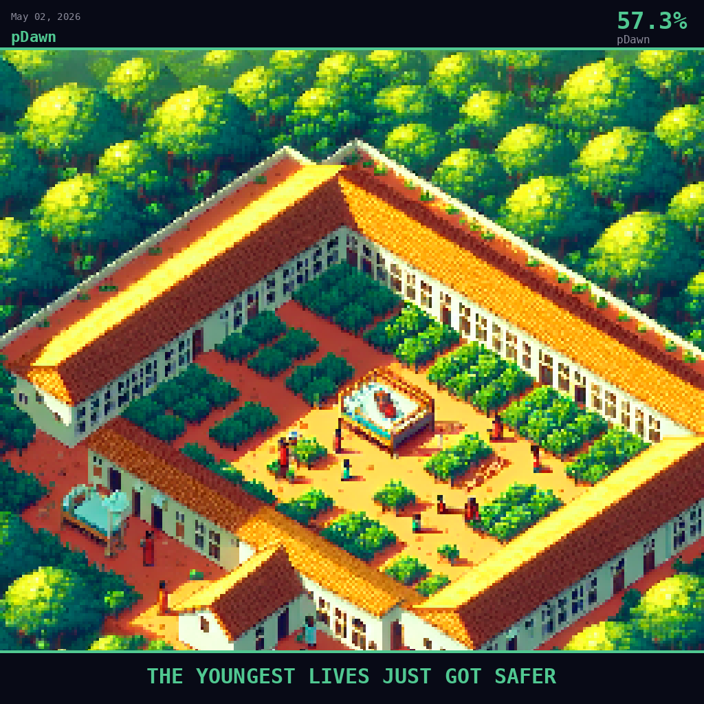 pDawn card for May 2, 2026: 57.3%, THE YOUNGEST LIVES JUST GOT SAFER. Pixel art: Wide aerial view looking down at 45-degree angle, vast West African landscape dominating the frame.