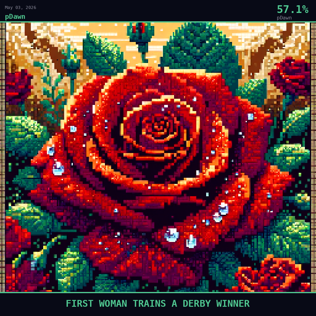 pDawn card for May 3, 2026: 57.1%, FIRST WOMAN TRAINS A DERBY WINNER. Pixel art: Extreme close-up filling the entire frame with a single red rose from the Derby blanket, its deep crimson petals rendered in rich saturated pixel clusters, dewdrops catching warm golden afternoon ligh.