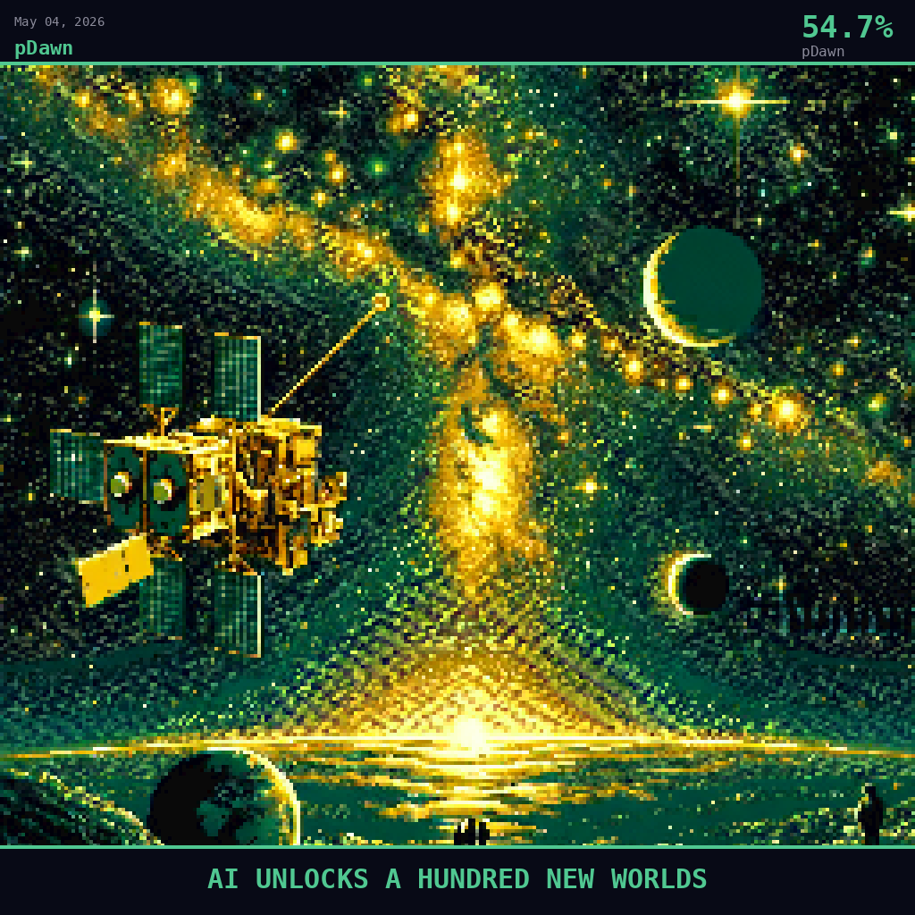 pDawn card for May 4, 2026: 54.7%, AI UNLOCKS A HUNDRED NEW WORLDS. Pixel art: Night scene, all light from artificial sources, deep shadows dominating.
