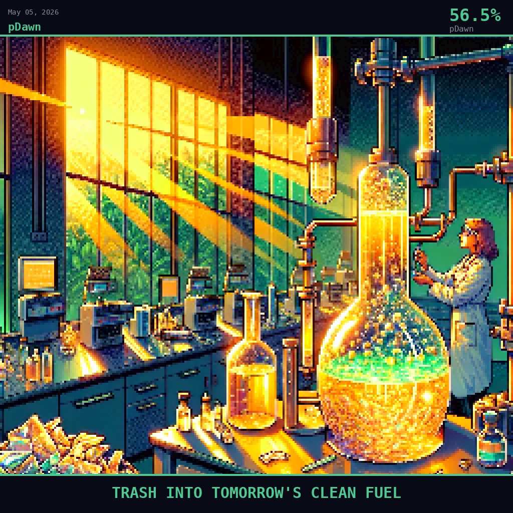 pDawn card for May 5, 2026: 56.5%, TRASH INTO TOMORROW'S CLEAN FUEL. Pixel art: Interior laboratory scene, warm golden afternoon sunlight pouring through tall windows, viewed from inside the lab looking outward through glass panes toward a sun-drenched outdoor solar test rig visi.