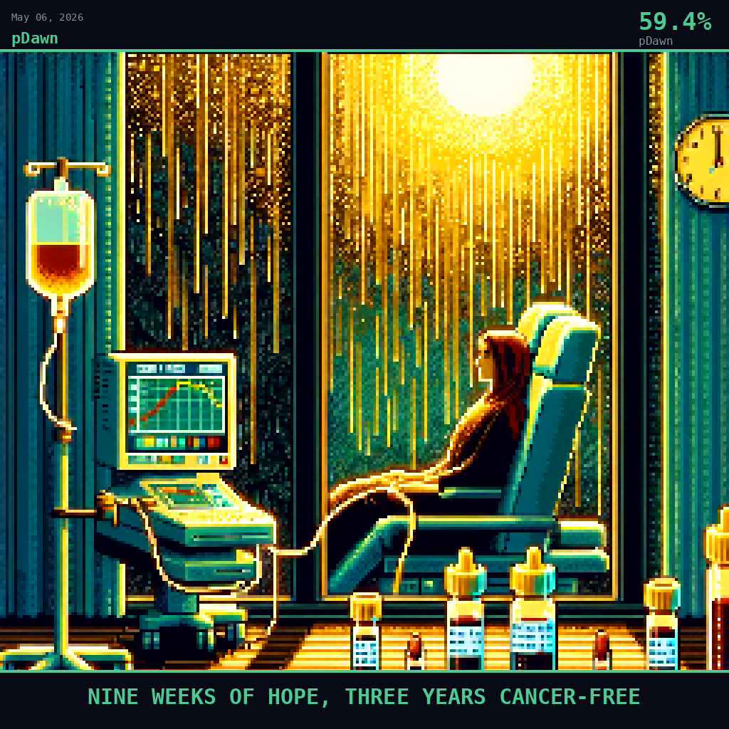 pDawn card for May 6, 2026: 59.4%, NINE WEEKS OF HOPE, THREE YEARS CANCER-FREE. Pixel art: A modern NHS hospital treatment room seen through heavy rain streaking down a tall window, the downpour creating rippling golden and emerald distortions across the glass, soft warm amber light glowing.
