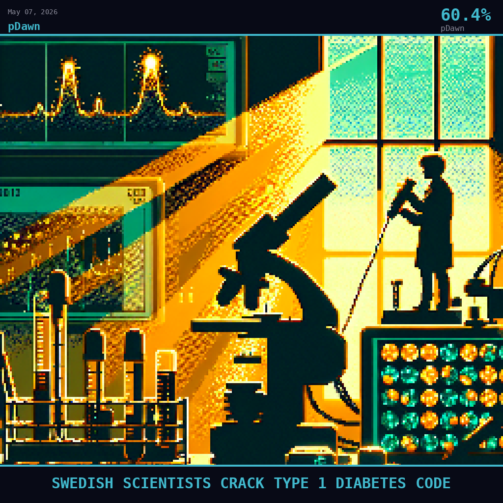 pDawn card for May 7, 2026: 60.4%, SWEDISH SCIENTISTS CRACK TYPE 1 DIABETES CODE. Pixel art: Silhouette composition, strong backlight, dramatic.