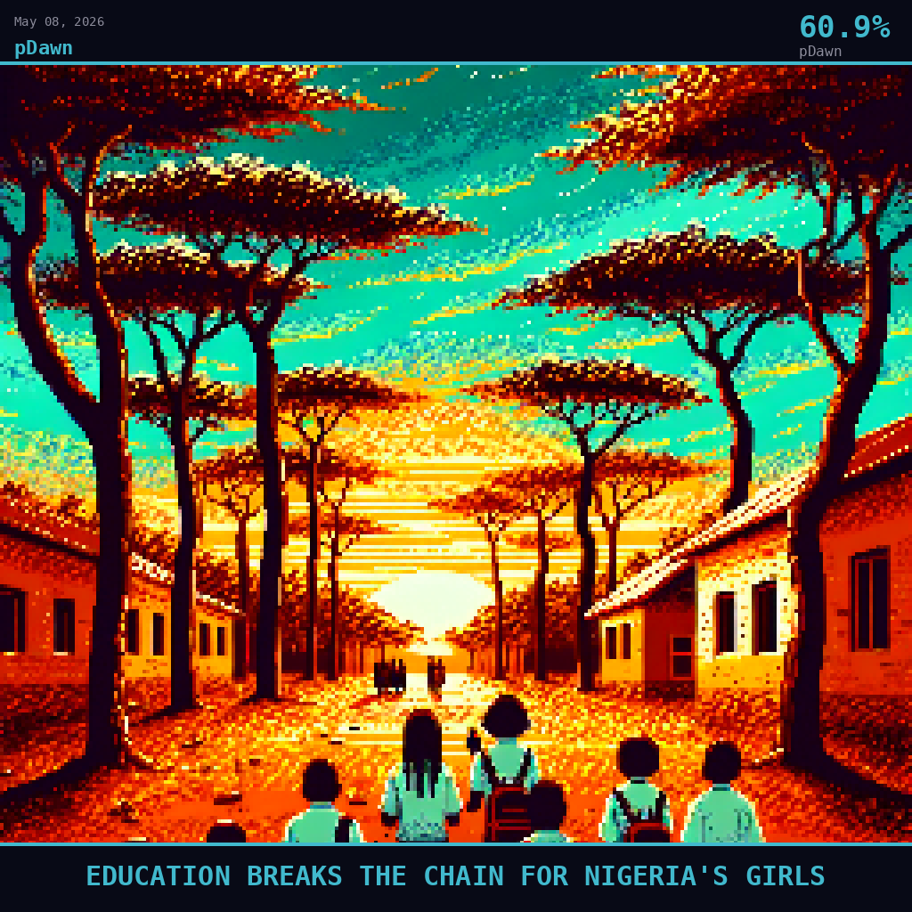 pDawn card for May 8, 2026: 60.9%, EDUCATION BREAKS THE CHAIN FOR NIGERIA'S GIRLS. Pixel art: Ground-level worm's-eye view looking straight up from the red laterite earth of a Northern Nigerian village school morning, the camera pressed low to the dirt road, gazing upward at a dramatic converg.