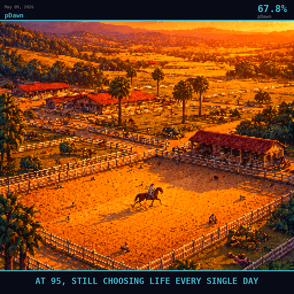 pDawn card for May 9, 2026: 67.8%, AT 95, STILL CHOOSING LIFE EVERY SINGLE DAY. Pixel art: Wide aerial view looking down at a 45-degree angle, vast California ranch landscape seen from high above, golden-hour amber light flooding a sprawling equestrian property with riding arenas, fence-lin.