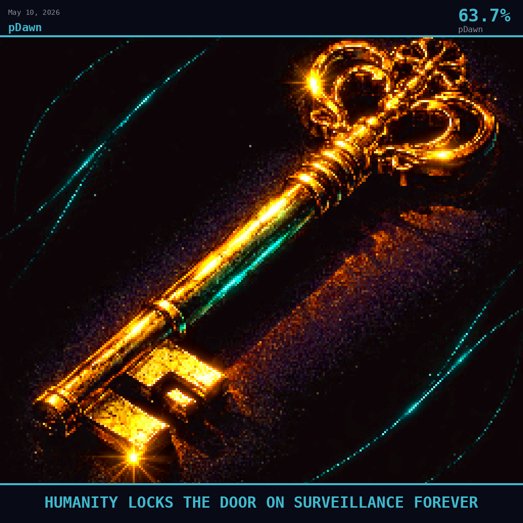 pDawn card for May 10, 2026: 63.7%, HUMANITY LOCKS THE DOOR ON SURVEILLANCE FOREVER. Pixel art: Extreme close-up filling the entire frame with a single ornate skeleton key, its bow and blade rendered in deep warm amber and molten gold pixel-light, the metal surface alive with a faint inner lumin.