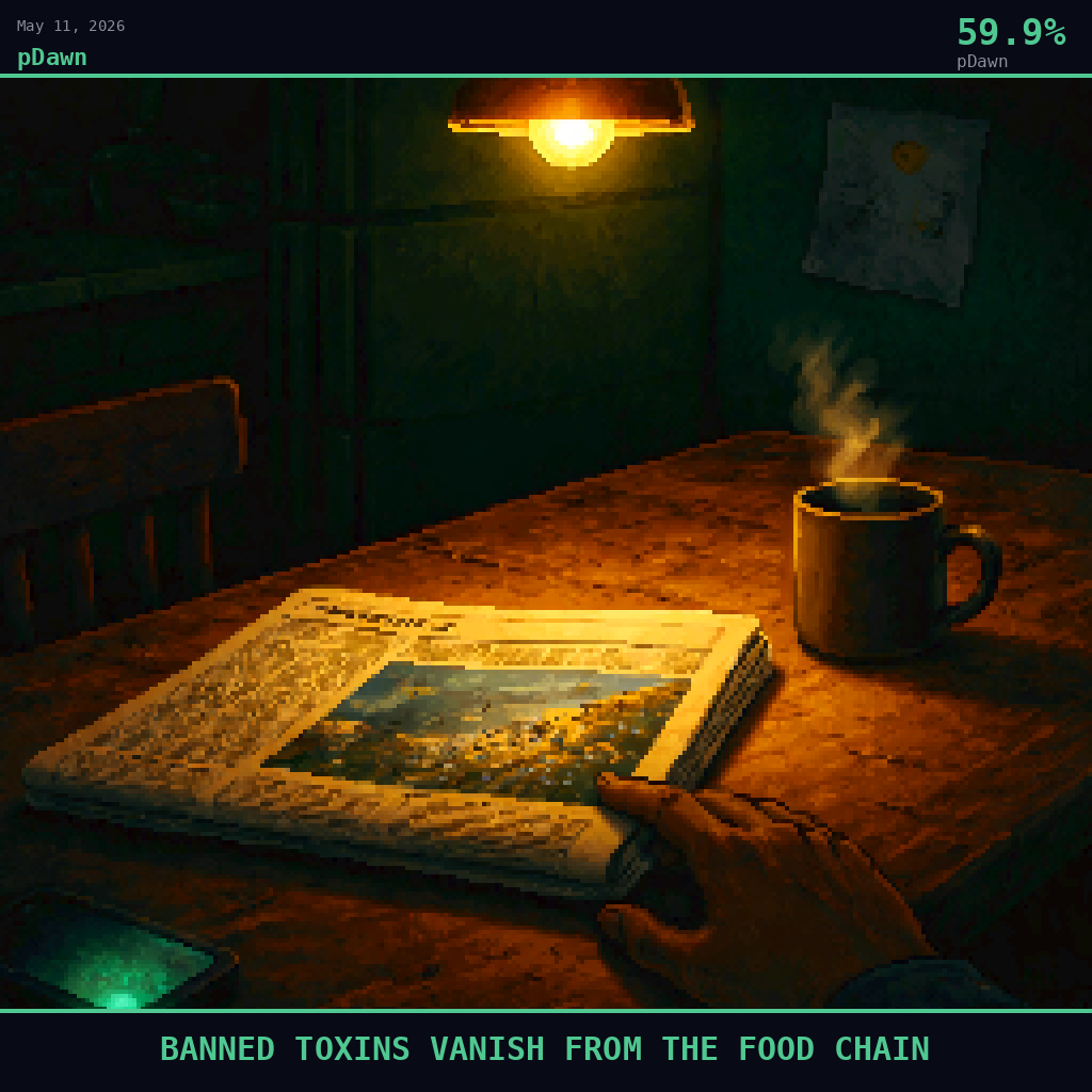 pDawn card for May 11, 2026: 59.9%, BANNED TOXINS VANISH FROM THE FOOD CHAIN. Pixel art: Night scene, all light from artificial sources, deep shadows dominating.