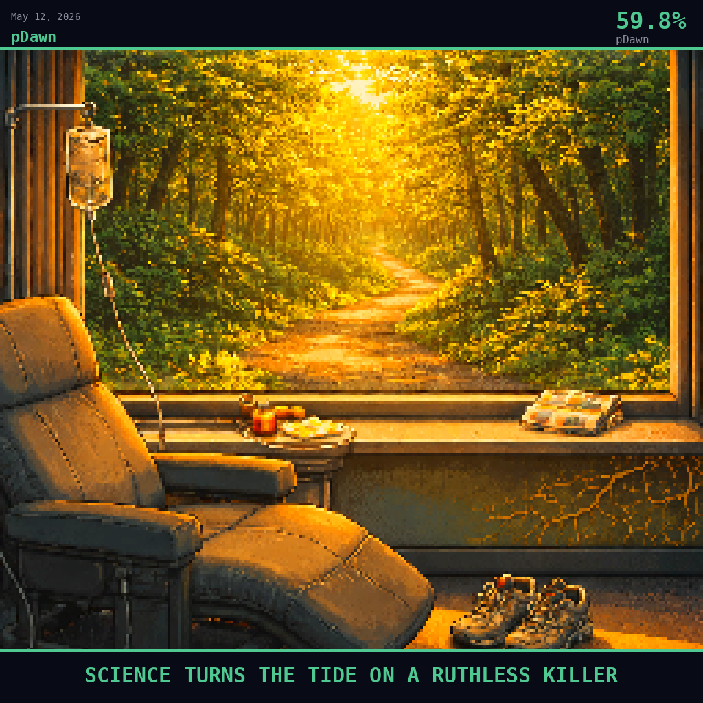 pDawn card for May 12, 2026: 59.8%, SCIENCE TURNS THE TIDE ON A RUTHLESS KILLER. Pixel art: Interior scene, we are inside a quiet hospital infusion room at dawn looking outward through a large window, the glass framing a sun-dappled outdoor running trail where golden morning light filters th.