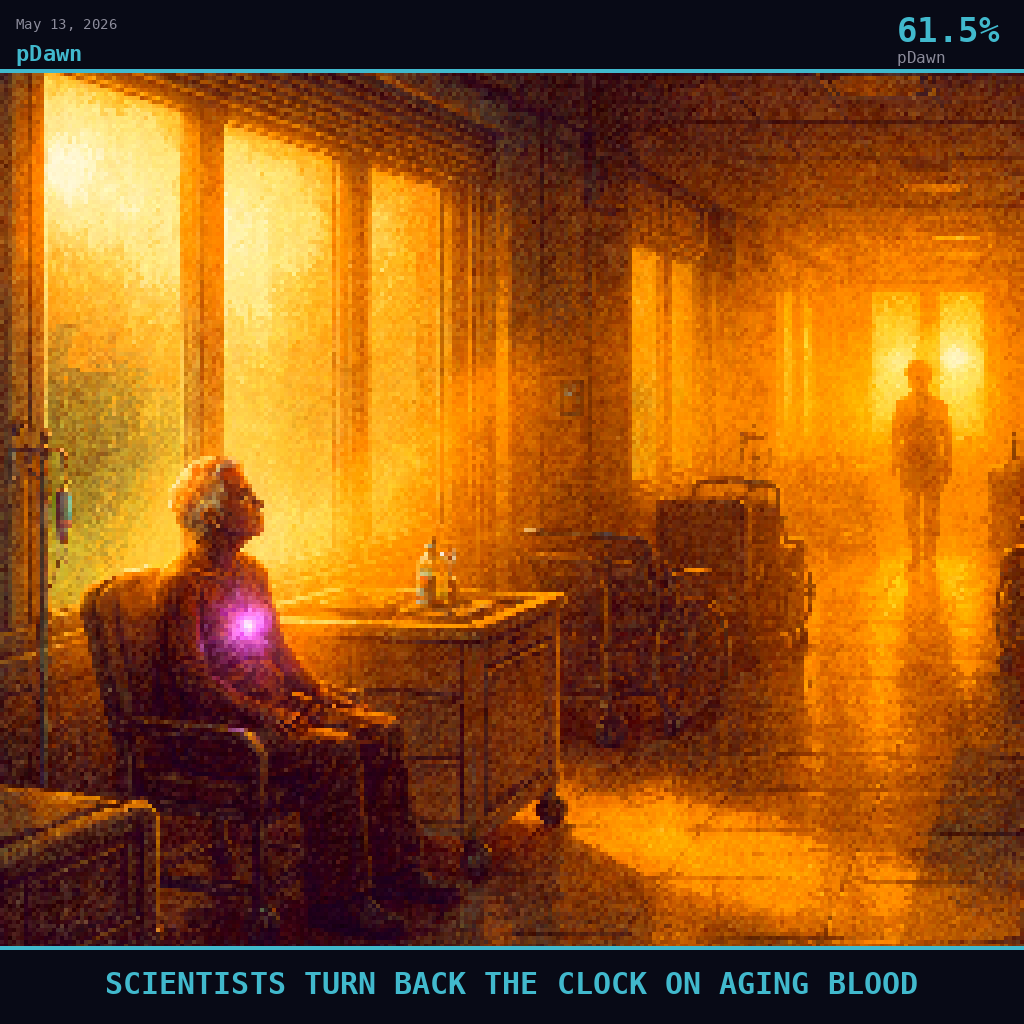 pDawn card for May 13, 2026: 61.5%, SCIENTISTS TURN BACK THE CLOCK ON AGING BLOOD. Pixel art: A fog-drenched hospital geriatric ward corridor at golden hour, seen from mid-distance, dense amber haze rolling in through tall windows along the left wall, the mist softening every edge into warm te.
