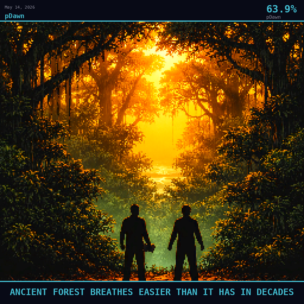 pDawn card for May 14, 2026: 63.9%, ANCIENT FOREST BREATHES EASIER THAN IT HAS IN DECADES. Pixel art: Silhouette composition, strong backlight, dramatic.