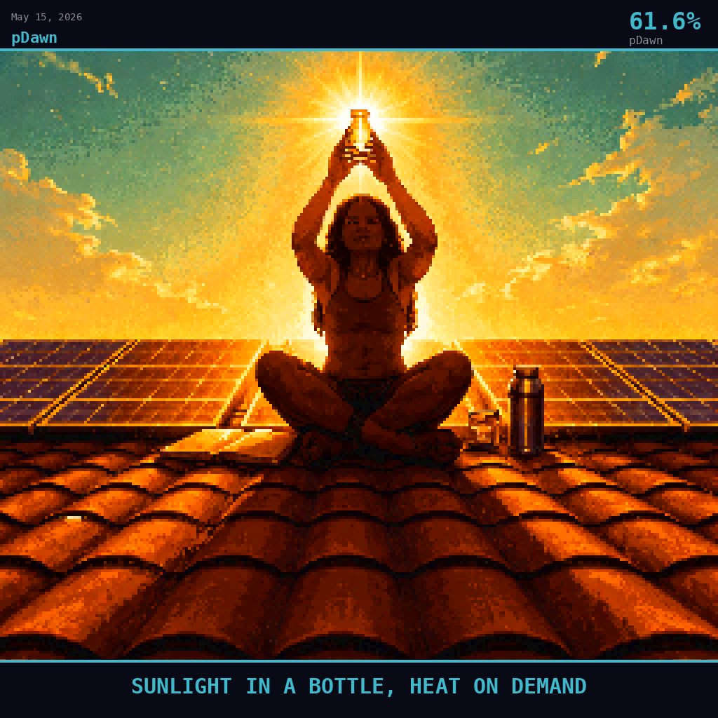 pDawn card for May 15, 2026: 61.6%, SUNLIGHT IN A BOTTLE, HEAT ON DEMAND. Pixel art: Ground-level view looking straight up from a sun-baked California rooftop, camera pressed flat against warm terracotta tiles, sky filling three-quarters of the frame in deep teal-to-amber gradient.