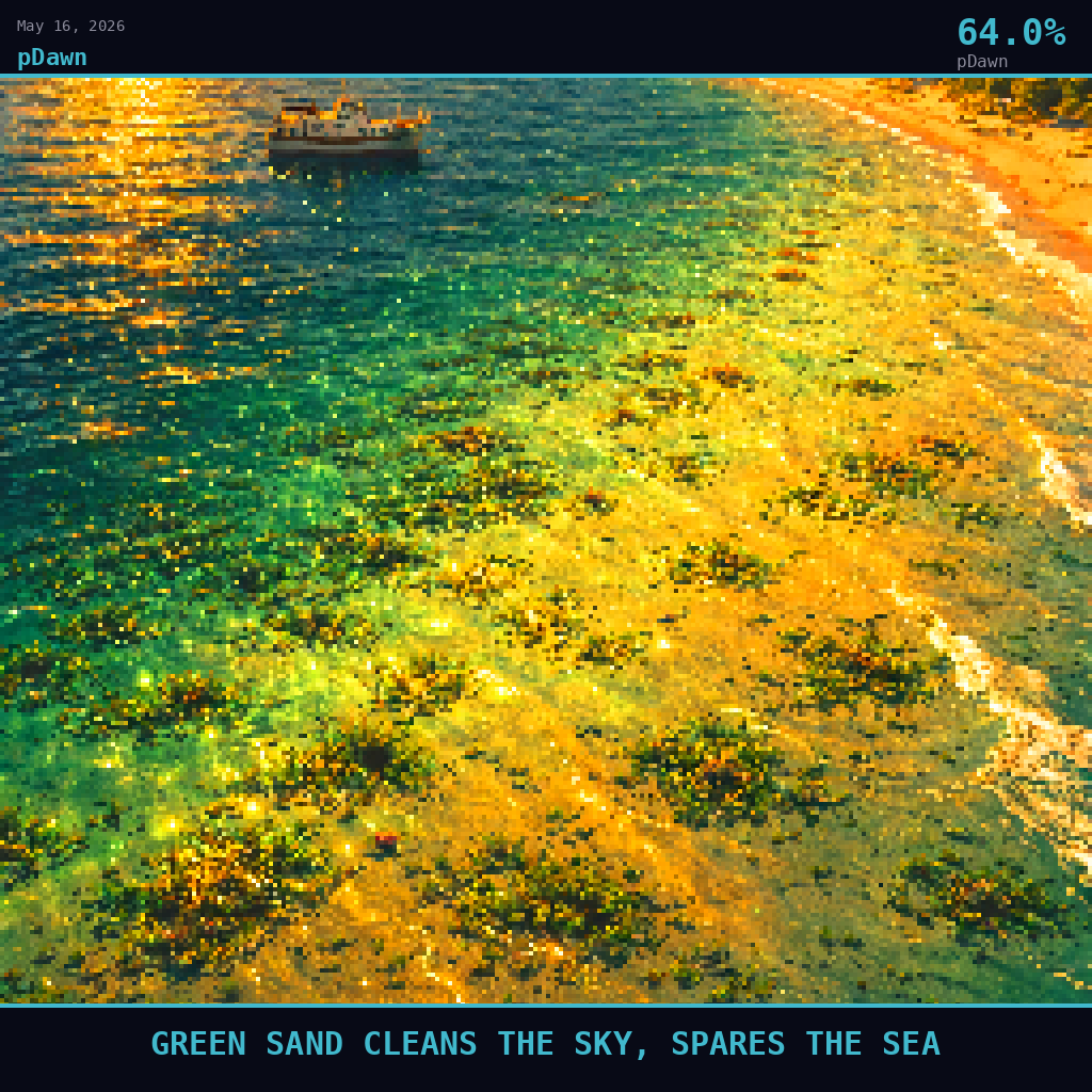 pDawn card for May 16, 2026: 64.0%, GREEN SAND CLEANS THE SKY, SPARES THE SEA. Pixel art: Wide aerial view looking down at a 45-degree angle, vast Atlantic coastal shallows seen from high above at golden hour, warm amber and deep teal light flooding the scene from the low western sun, long.