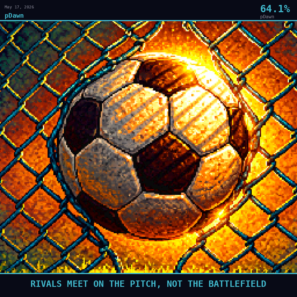 pDawn card for May 17, 2026: 64.1%, RIVALS MEET ON THE PITCH, NOT THE BATTLEFIELD. Pixel art: Extreme close-up filling the entire frame with a single football pressed against a chain-link fence, the ball's black-and-white hexagonal panels catching deep golden amber sidelight from the right, lo.