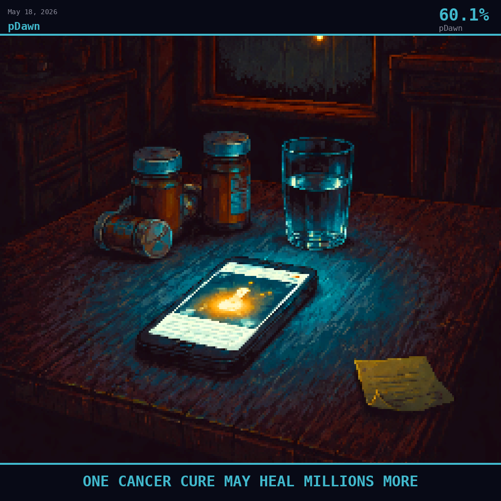pDawn card for May 18, 2026: 60.1%, ONE CANCER CURE MAY HEAL MILLIONS MORE. Pixel art: Night scene, all light from artificial sources, deep shadows dominating.