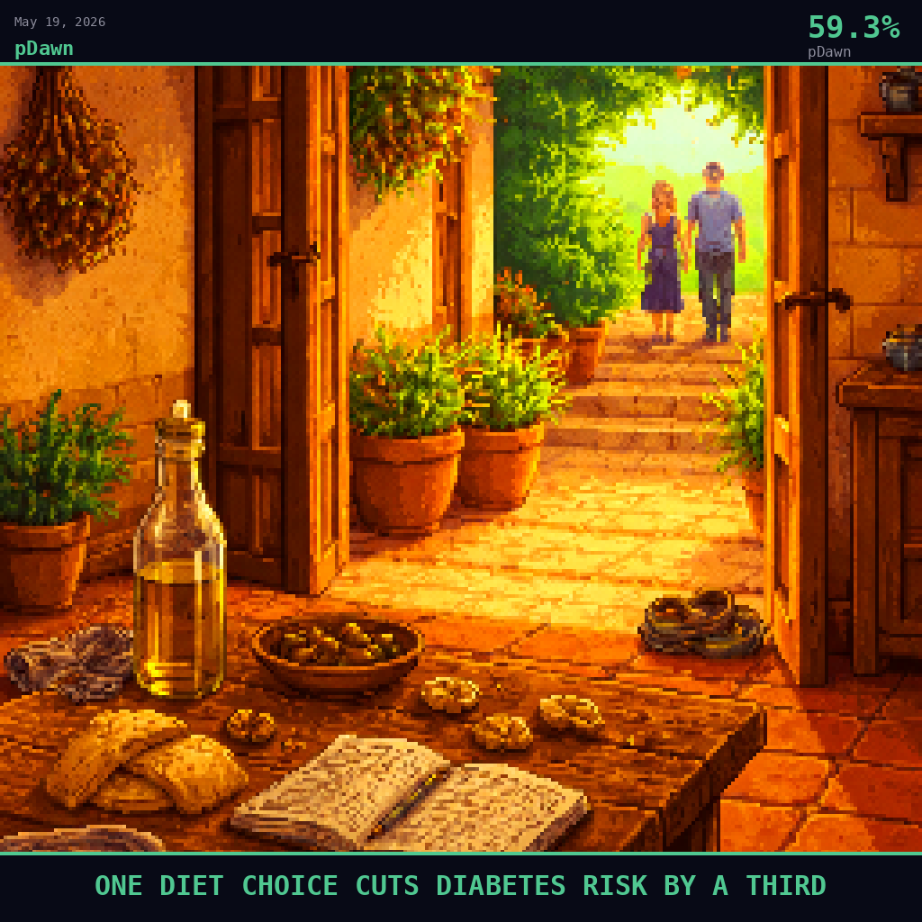 pDawn card for May 19, 2026: 59.3%, ONE DIET CHOICE CUTS DIABETES RISK BY A THIRD. Pixel art: Interior scene, we are inside a modest Spanish kitchen at mid-morning looking outward through a wide open doorway, warm golden Mediterranean light flooding in from a sun-drenched terracotta courtyard .