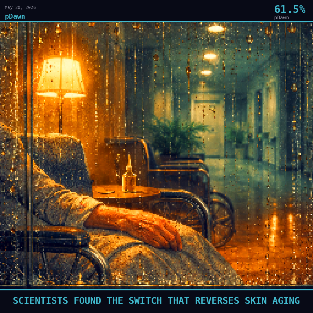 pDawn card for May 20, 2026: 61.5%, SCIENTISTS FOUND THE SWITCH THAT REVERSES SKIN AGING. Pixel art: A fog-drenched nursing home common room seen from mid-distance through a rain-streaked window, the glass itself dominating the foreground, fat amber droplets running down the pane in slow rivers, the .