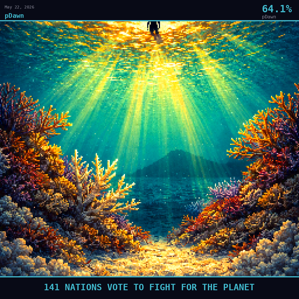 pDawn card for May 22, 2026: 64.1%, 141 NATIONS VOTE TO FIGHT FOR THE PLANET. Pixel art: Ground-level view looking straight up from the shallow sandy floor of a Vanuatu lagoon, camera pressed against pale coral rubble at the seafloor, vast columns of warm amber-gold tropical sunlight pier.