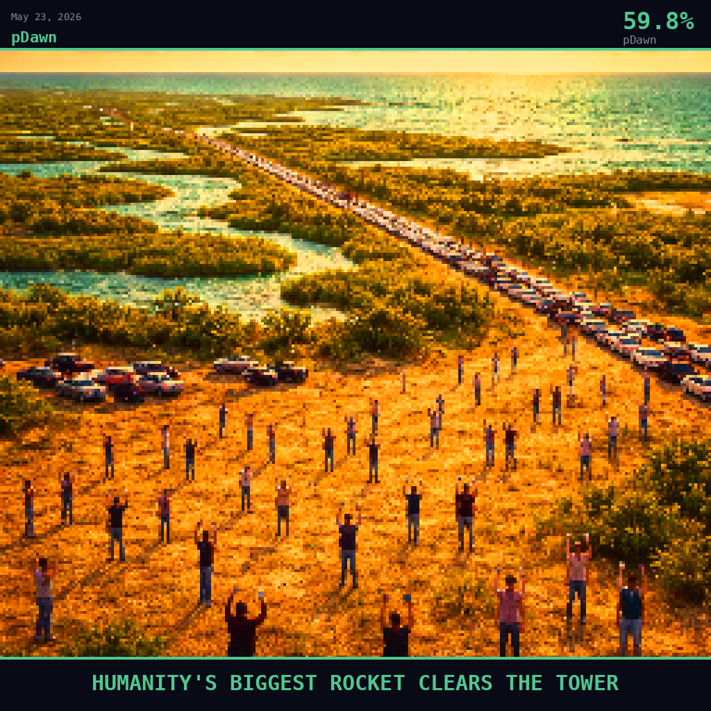 pDawn card for May 23, 2026: 59.8%, HUMANITY'S BIGGEST ROCKET CLEARS THE TOWER. Pixel art: Wide aerial view looking down at a 45-degree angle, vast flat Texas scrubland and Gulf Coast wetlands seen from high above, the landscape saturated in rich gold afternoon light filtering through spars.