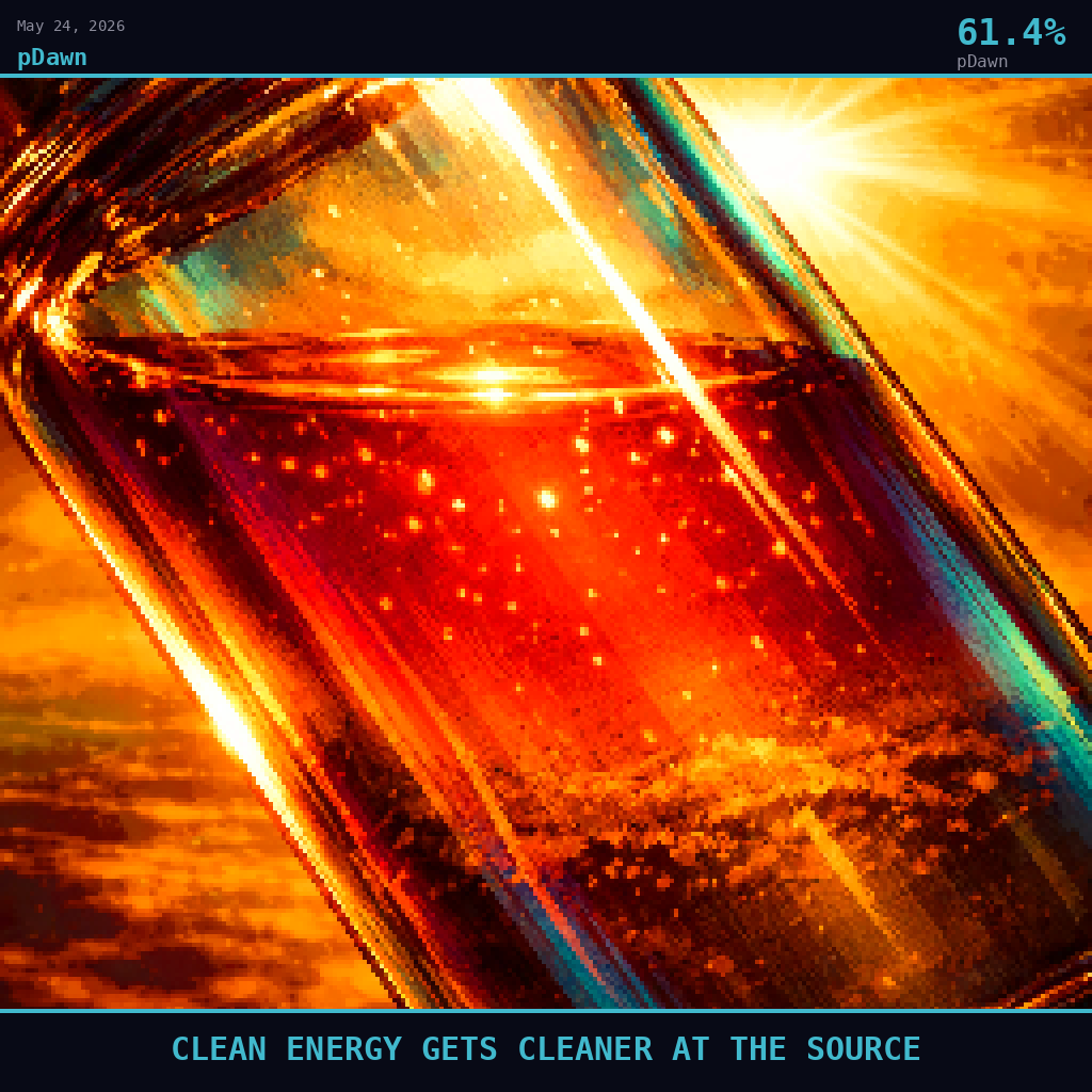 pDawn card for May 24, 2026: 61.4%, CLEAN ENERGY GETS CLEANER AT THE SOURCE. Pixel art: Extreme close-up filling the entire frame with a single glass vial held up to warm golden-amber light, the vial itself dominating every pixel, its curved glass surface catching and bending deep teal a.