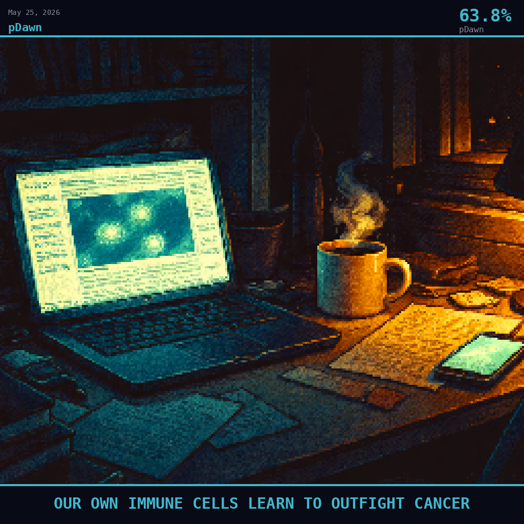 pDawn card for May 25, 2026: 63.8%, OUR OWN IMMUNE CELLS LEARN TO OUTFIGHT CANCER. Pixel art: Night scene, all light from artificial sources, deep shadows dominating.