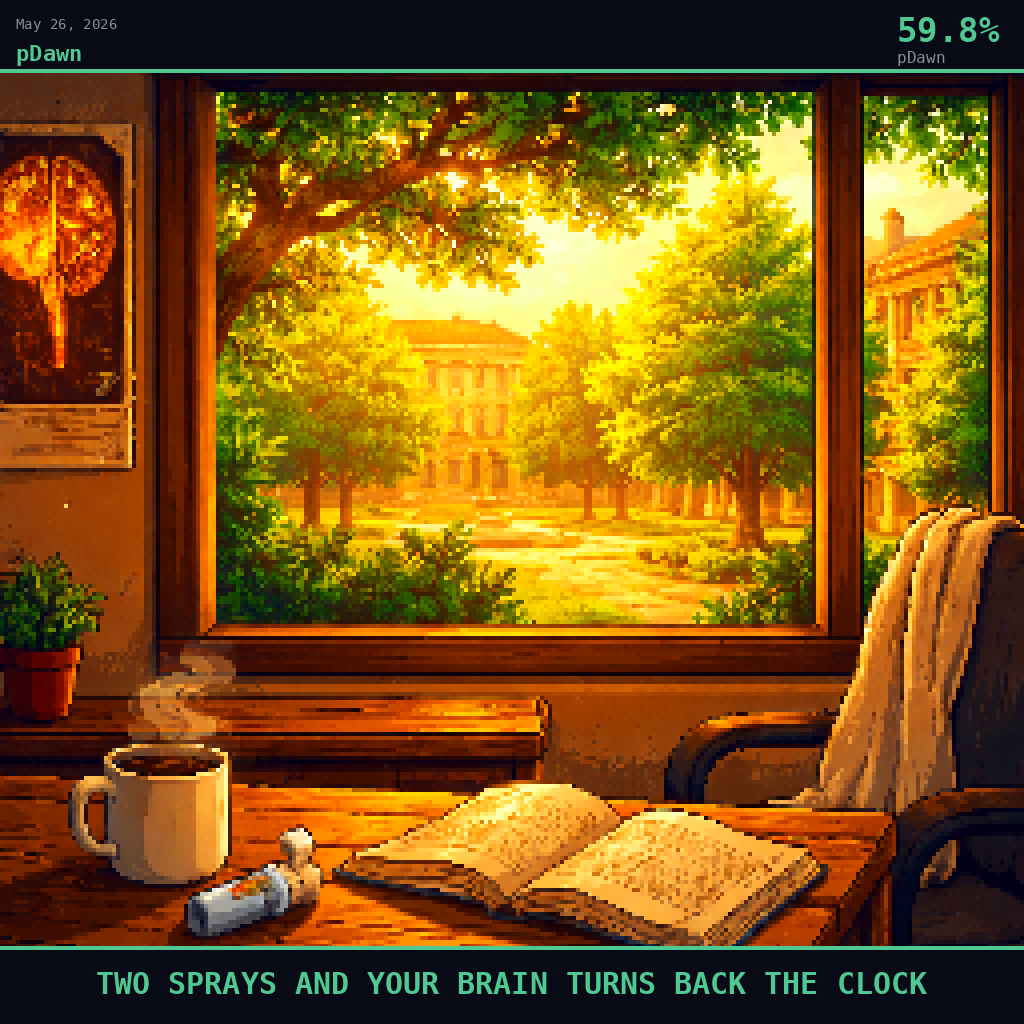 pDawn card for May 26, 2026: 59.8%, TWO SPRAYS AND YOUR BRAIN TURNS BACK THE CLOCK. Pixel art: Interior scene, we are inside a warm neuroscience research office at dawn, looking outward through a wide lab window toward a campus courtyard bathed in rich morning gold, emerald trees catching early.