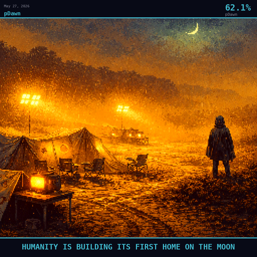 pDawn card for May 27, 2026: 62.1%, HUMANITY IS BUILDING ITS FIRST HOME ON THE MOON. Pixel art: Weather-dominated night scene, a remote desert launch observation camp on the edge of a scrubland plateau, thick fog and drizzling rain rolling in across the flat terrain, the entire scene filtered th.
