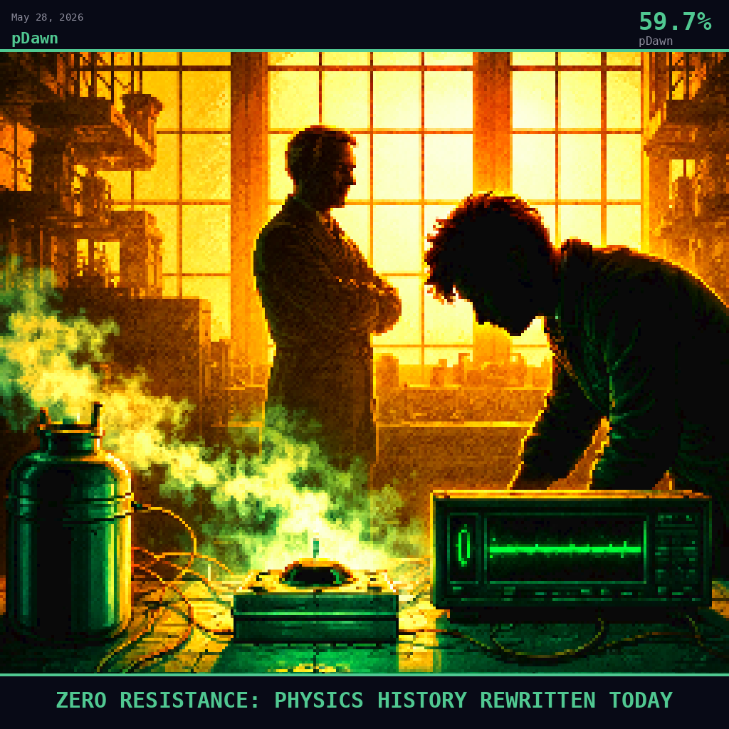 pDawn card for May 28, 2026: 59.7%, ZERO RESISTANCE: PHYSICS HISTORY REWRITTEN TODAY. Pixel art: Silhouette composition, strong backlight, dramatic.