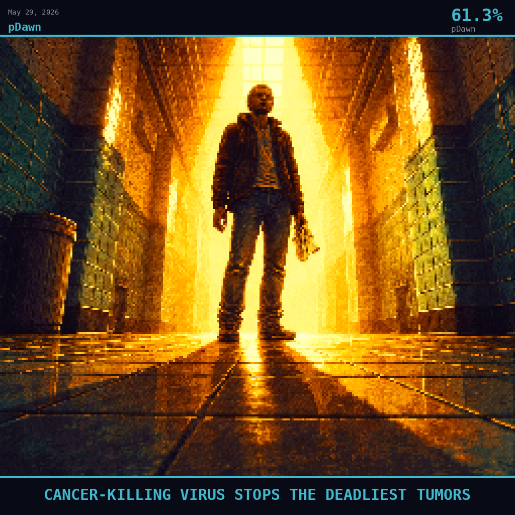 pDawn card for May 29, 2026: 61.3%, CANCER-KILLING VIRUS STOPS THE DEADLIEST TUMORS. Pixel art: Ground-level view looking straight up from a worn hospital corridor floor, the camera pressed flat against cool linoleum tiles, gazing upward at a figure standing still in a shaft of deep golden amber.