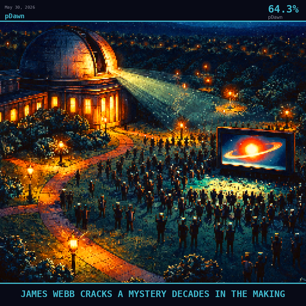pDawn card for May 30, 2026: 64.3%, JAMES WEBB CRACKS A MYSTERY DECADES IN THE MAKING. Pixel art: Wide aerial view looking down at a 45-degree angle, vast university campus observatory grounds seen from high above at deep night, golden amber lamplight pooling across winding footpaths and manicured.
