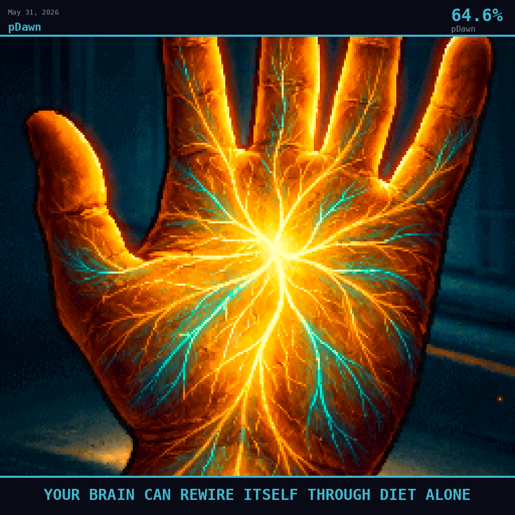 pDawn card for May 31, 2026: 64.6%, YOUR BRAIN CAN REWIRE ITSELF THROUGH DIET ALONE. Pixel art: Extreme close-up filling the entire frame, a single human hand pressed open-palmed against a softly glowing surface, the skin itself rendered in warm golden amber tones as if lit from within, long sid.