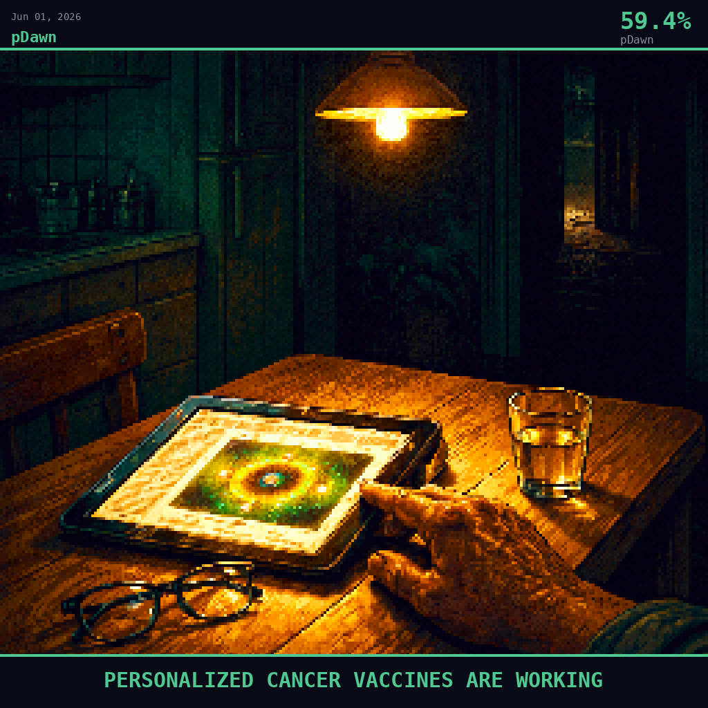 pDawn card for June 1, 2026: 59.4%, PERSONALIZED CANCER VACCINES ARE WORKING. Pixel art: Night scene, all light from artificial sources, deep shadows dominating.