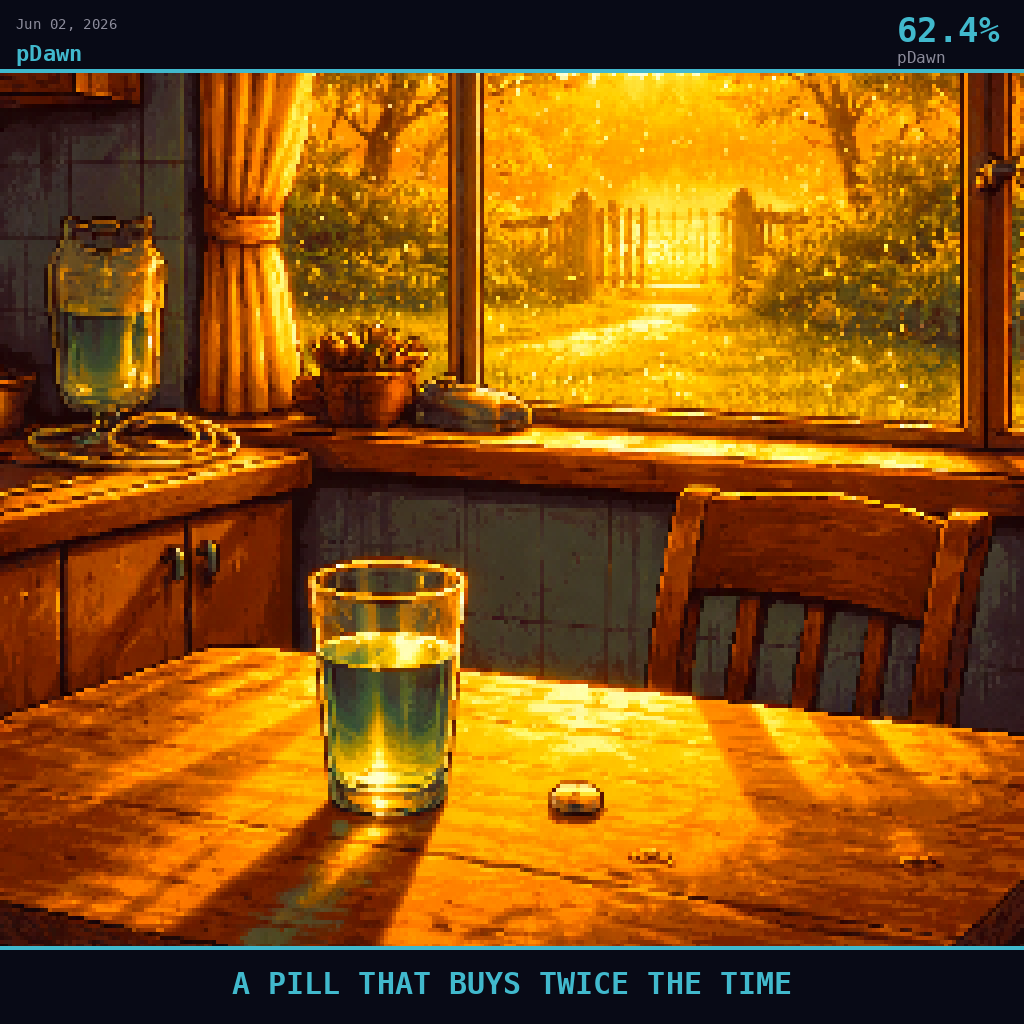pDawn card for June 2, 2026: 62.4%, A PILL THAT BUYS TWICE THE TIME. Pixel art: Interior scene, we are inside a warmly lit domestic kitchen in the early morning aftermath, looking outward through a wide window toward a sun-drenched back garden where long golden shadows stretch ac.