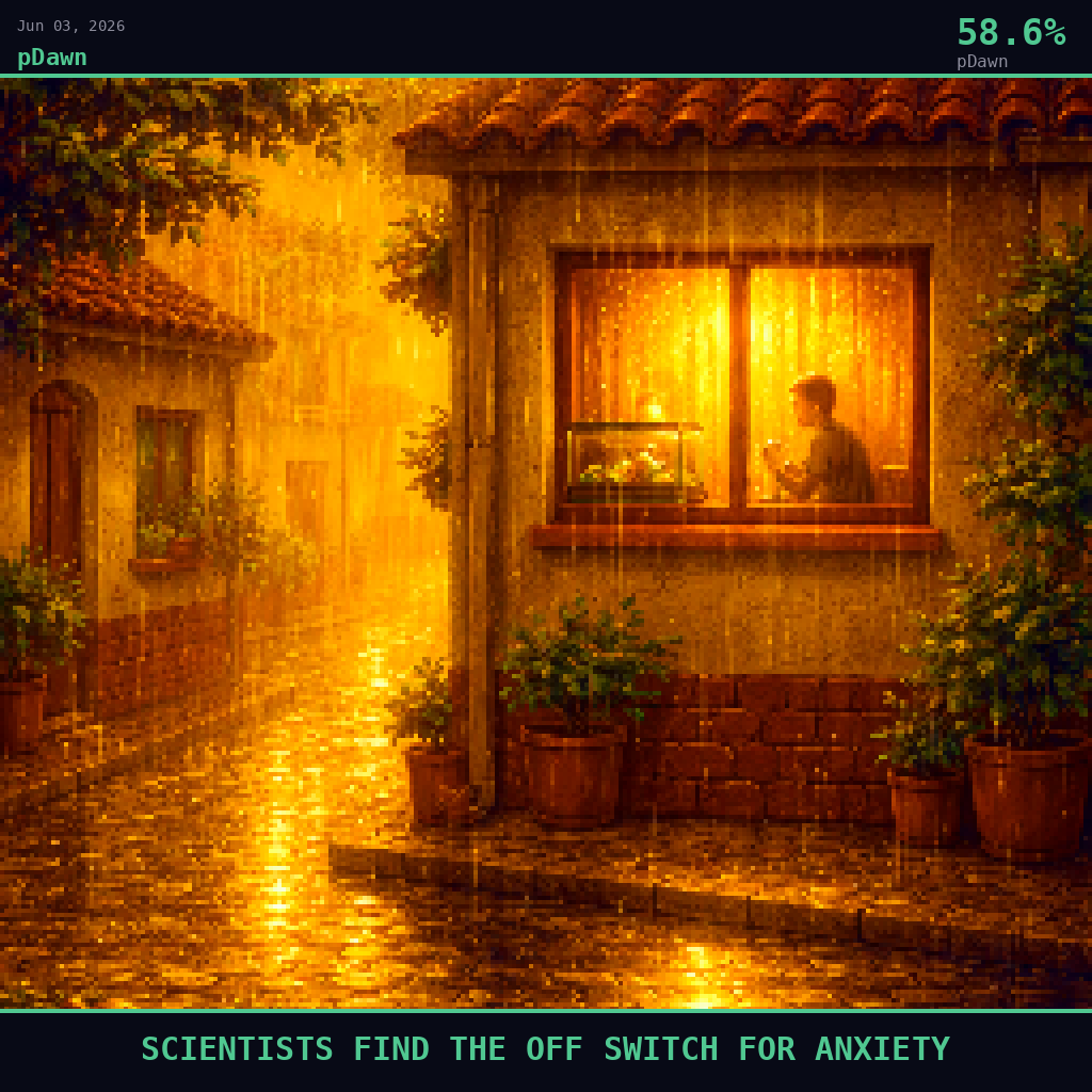 pDawn card for June 3, 2026: 58.6%, SCIENTISTS FIND THE OFF SWITCH FOR ANXIETY. Pixel art: Weather-dominated exterior scene, thick amber fog and warm drizzling rain rolling across a narrow Mediterranean residential street in Elche, Spain, late afternoon golden light diffused and scattered t.